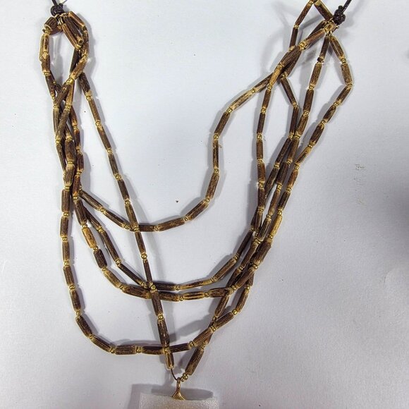 J Jill Tri Strand Wooden Bead and Brass Bohemian Statement Necklace - Picture 4 of 10